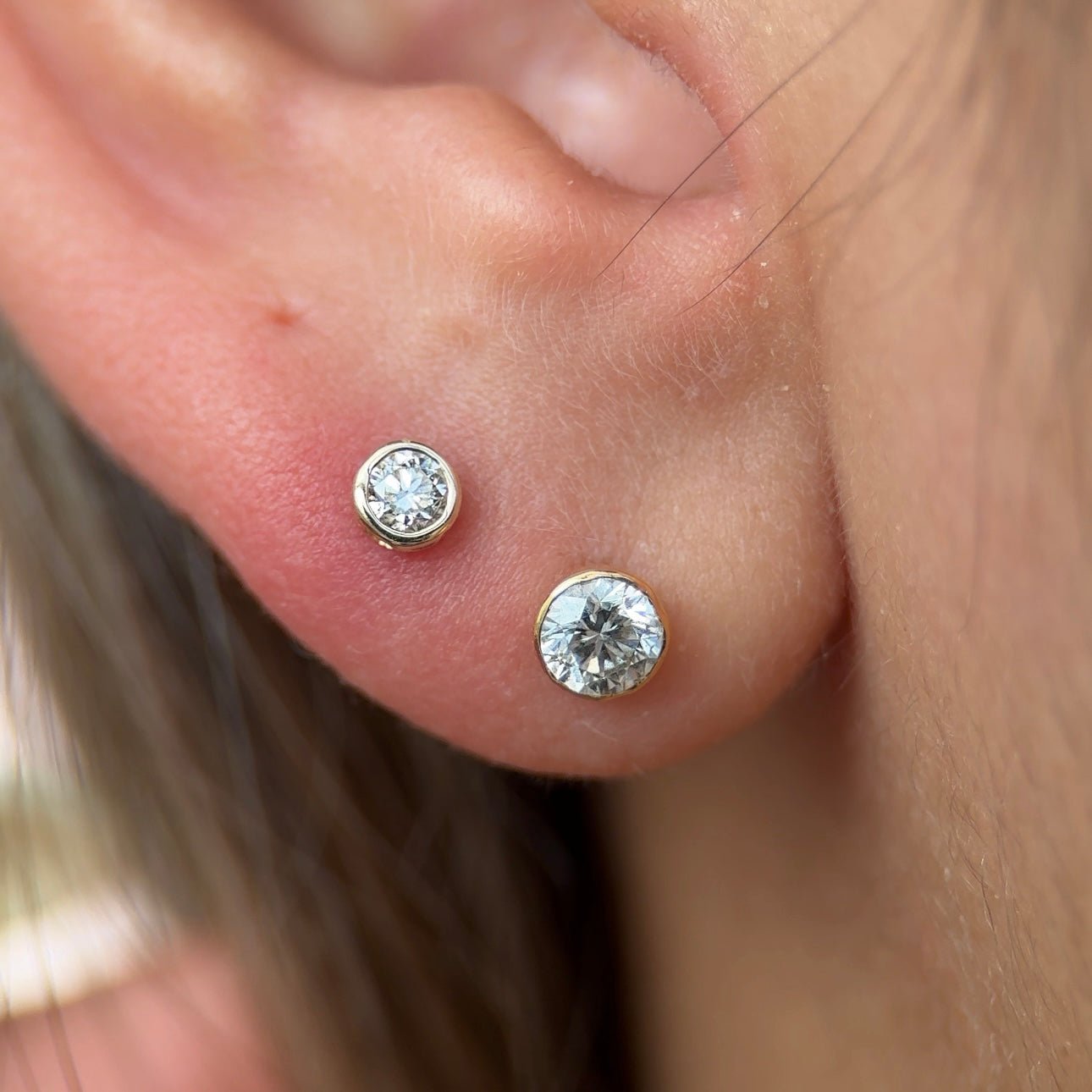 14K Yellow Gold Floating Round Diamond Flat Back Stud Earrings - Invisible Set for Everyday Wear & Special Occasions