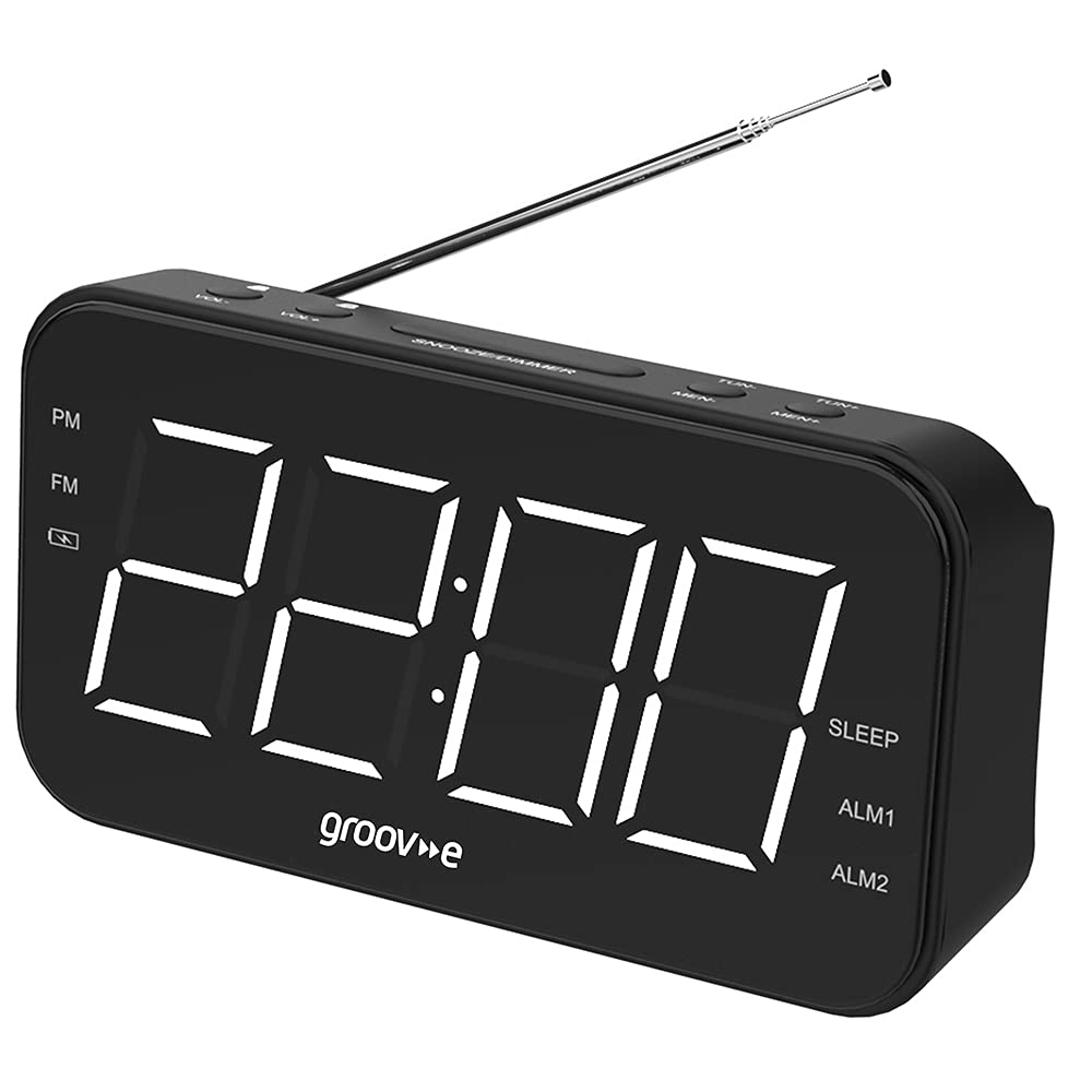 Groove Curve Radio - Rechargeable Digital FM Radio Alarm Clock with LCD Display, Dual Alarm, Dimmer & USB-C Charging - 20 Preset Stations - Perfect for Bedroom, Office, Travel & Emergency Use