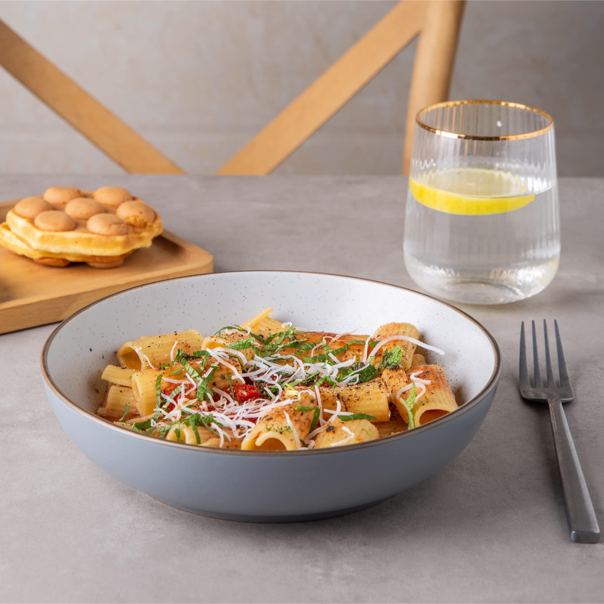 AmorArc 8.5'' Stoneware Pasta Bowls Set of 4 - 32oz Large Speckled Serving Bowls for Pasta, Salad, Oatmeal - Microwave & Dishwasher Safe Matte Gray - Perfect for Family Dinners, Entertaining & Everyday Meals