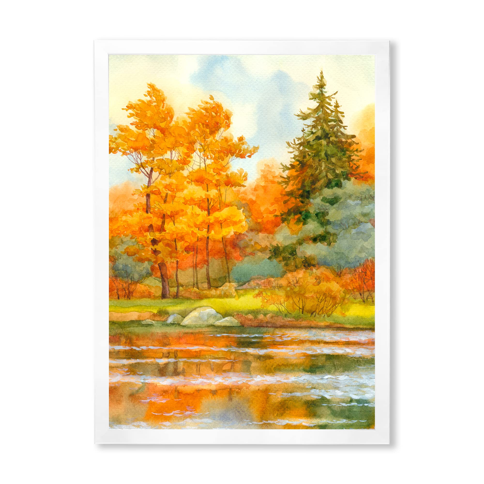 DesignQ Autumn Forest Lakeside Landscape Framed Wall Art - Perfect for Living Room, Bedroom & Office Decor