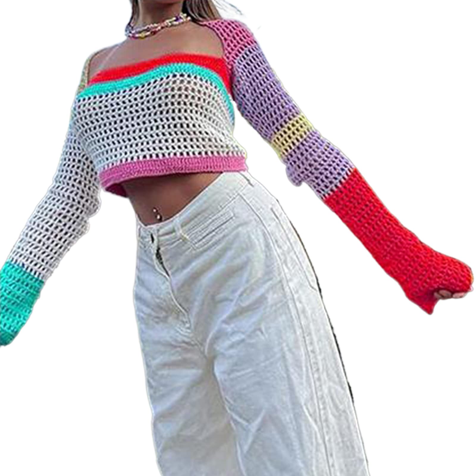 Sunloudy Women's Cropped Knit Top - Long Sleeve Crochet Hollow Out Square Neck Sweater for Fall & Winter - Perfect for Casual Outfits, Date Nights and Office Wear