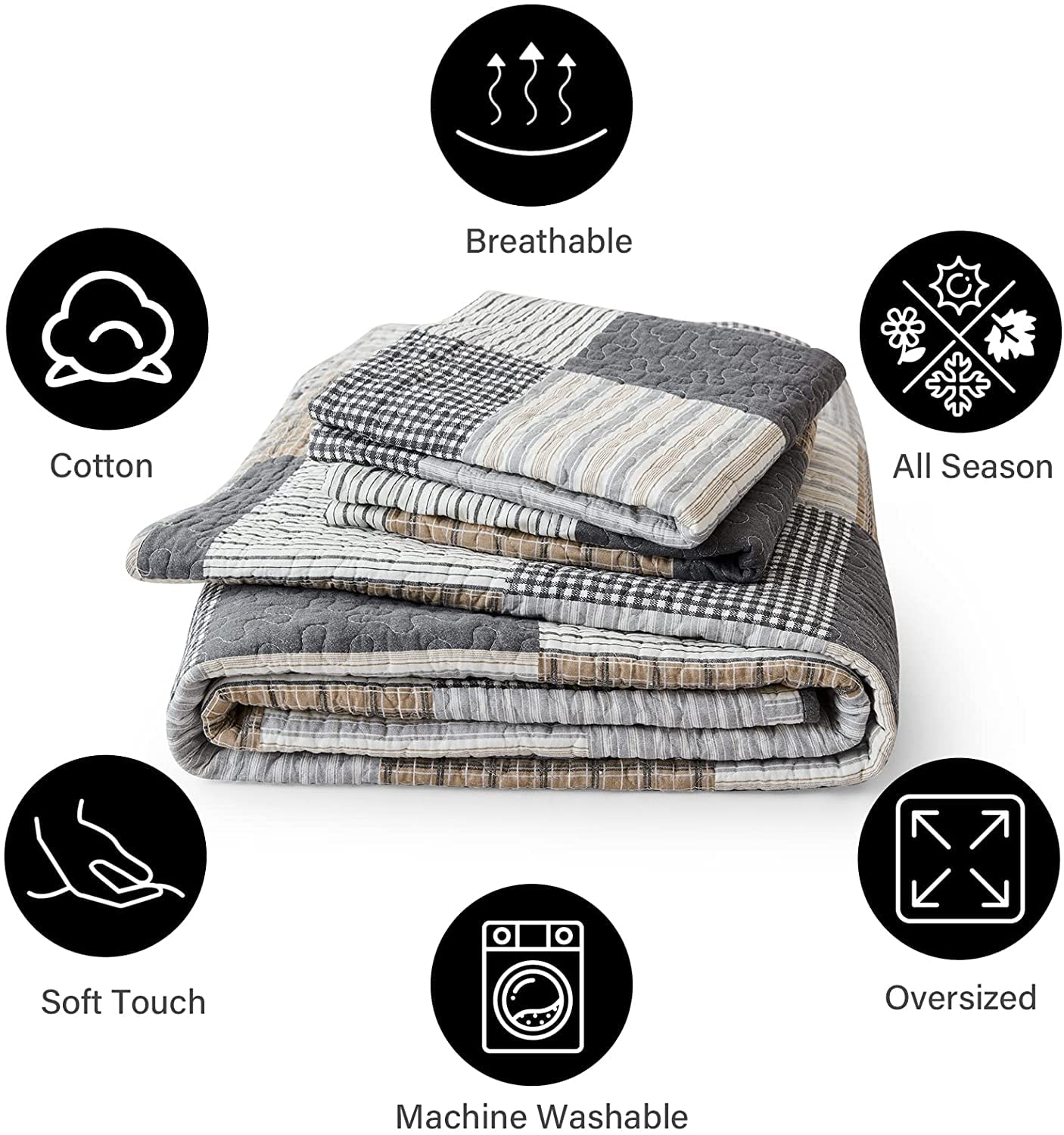 PANGUSHAN 100% Cotton Twin Size Quilt Set - Reversible Lightweight Patchwork Plaid Comforter in Gray/Black/Tan/White/Cream - 2 Piece Bedding Set for Boys Girls Teens Dorm Room & Guest Bed
