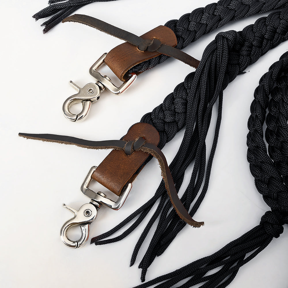 8 ft Hilason Western Horse Nylon Rope with Fringes & Snap - Black - Durable Training Lead for Horses, Ranch Work & Trail Riding