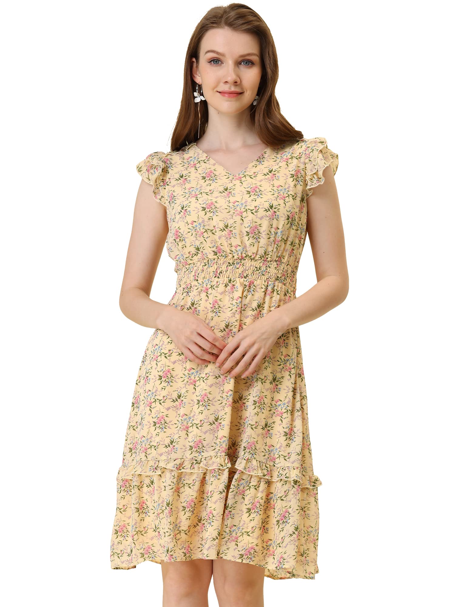 Allegra K Women's Floral Print Flutter Sleeve V-Neck Smocked Ruffle Midi Dress for Summer Wedding, Garden Party & Date Night