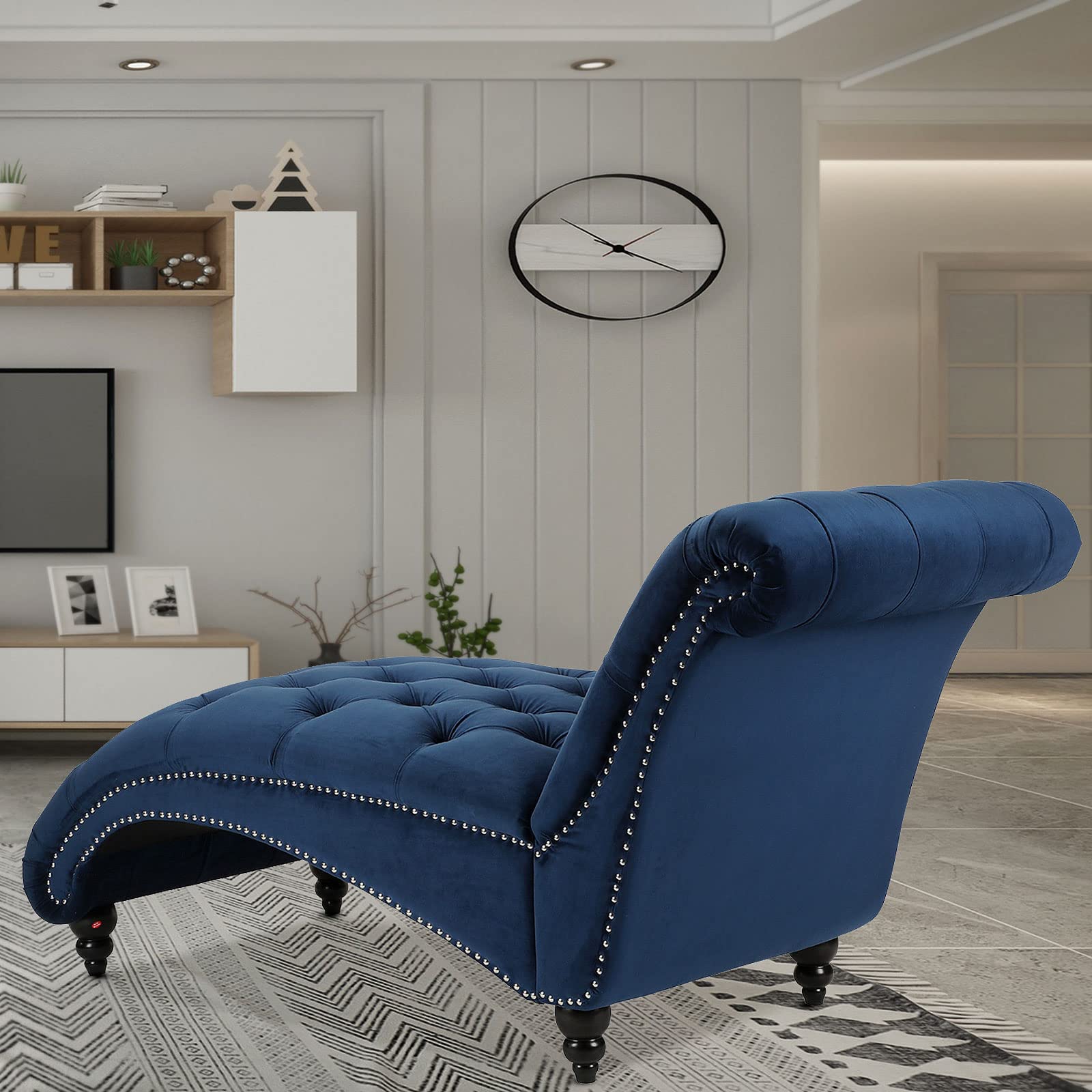 HomVent Tufted Leather Chaise Lounge Chair - Modern Indoor Lounge Chair with Button Tufting for Living Room, Office, or Bedroom - Perfect for Relaxing, Reading & Napping (Blue)