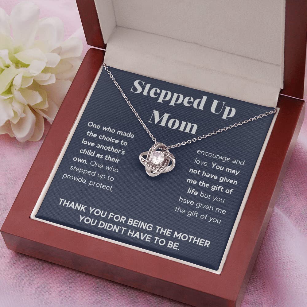 Stepmom Necklace Gift - 'Stepped Up Mom' Pendant Jewelry with Message Card & Mahogany Gift Box - Perfect for Mother's Day, Birthday, or Thank You Gift from Stepdaughter or Stepson - Bonus Mom Gift for Special Occasions