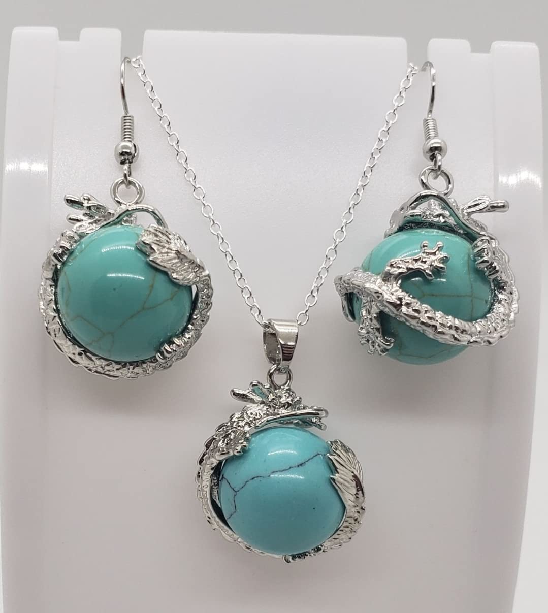 Exquisite Turquoise and Silver Dragon Earring & Necklace Set for Women – Boho Chic Jewelry for Parties, Weddings, and Everyday Wear