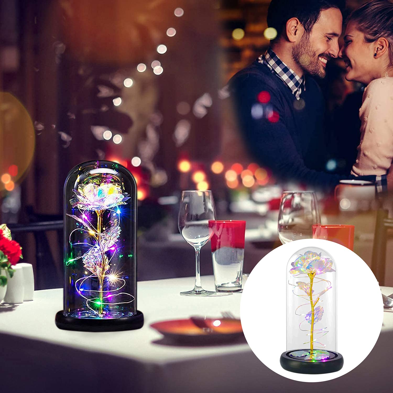 Mother's Day Rose Gift for Mom - Elegant Rainbow Light Up Rose in Glass Dome - Birthday, Anniversary, Wedding Gift for Women - Perfect Gift from Daughter or Son - Romantic Home Decor & Special Occasion Present