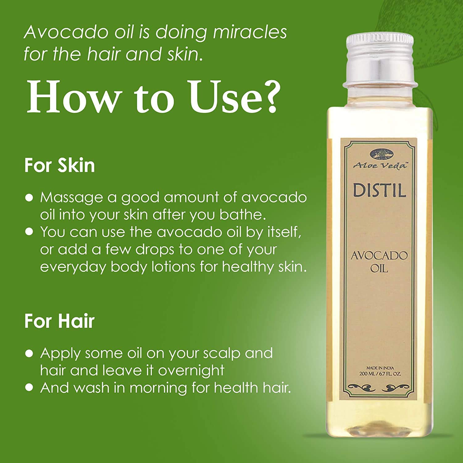 Organic Cold-Pressed Avocado Oil for Skin & Hair - 100% Pure Natural Body Massage Oil & Moisturizer for Dry Skin, Face & Scalp (200ml) - Hydrating Treatment for Massage, Hair Care & Skin Nourishment