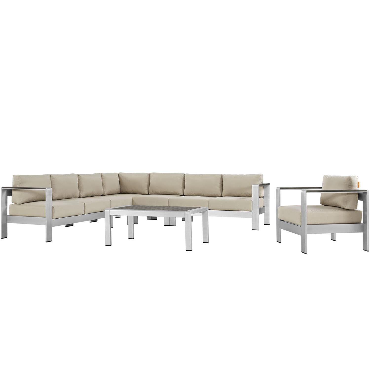 Modway Shore 7-Piece Aluminum Outdoor Patio Sectional Sofa Set in Silver Beige - Durable Weather-Resistant Furniture for Backyard, Poolside & Garden Relaxation
