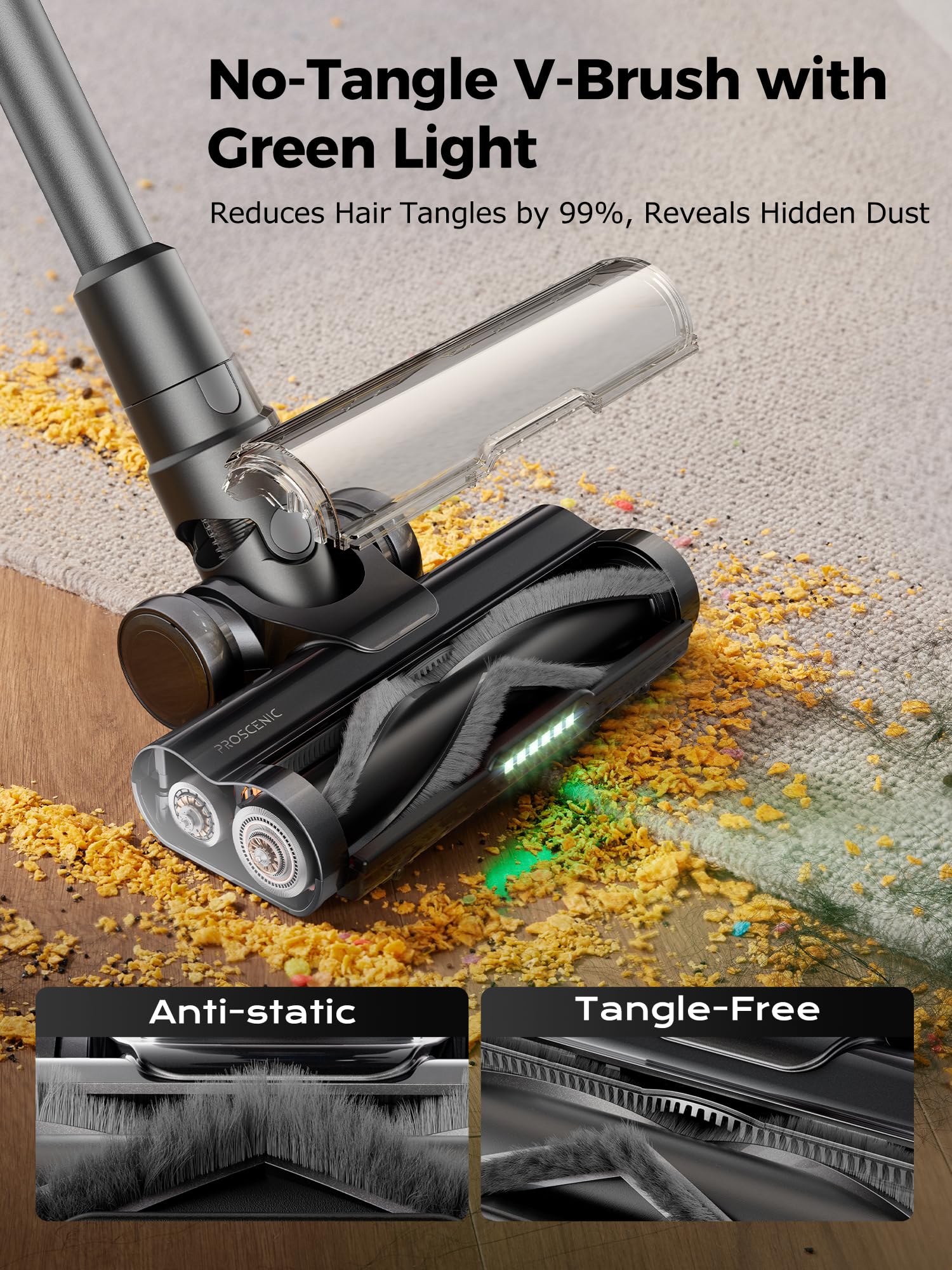 Proscenic P16 Cordless Stick Vacuum Cleaner - 550W 45KPA Powerful Suction, 55 Min Runtime, 180° Bendable Wand, Green LED & Tangle-Free Brush - Lightweight Rechargeable Vacuum for Home, Pet Hair (Grey) | Perfect for Hard Floors, Carpets & Pet Owners