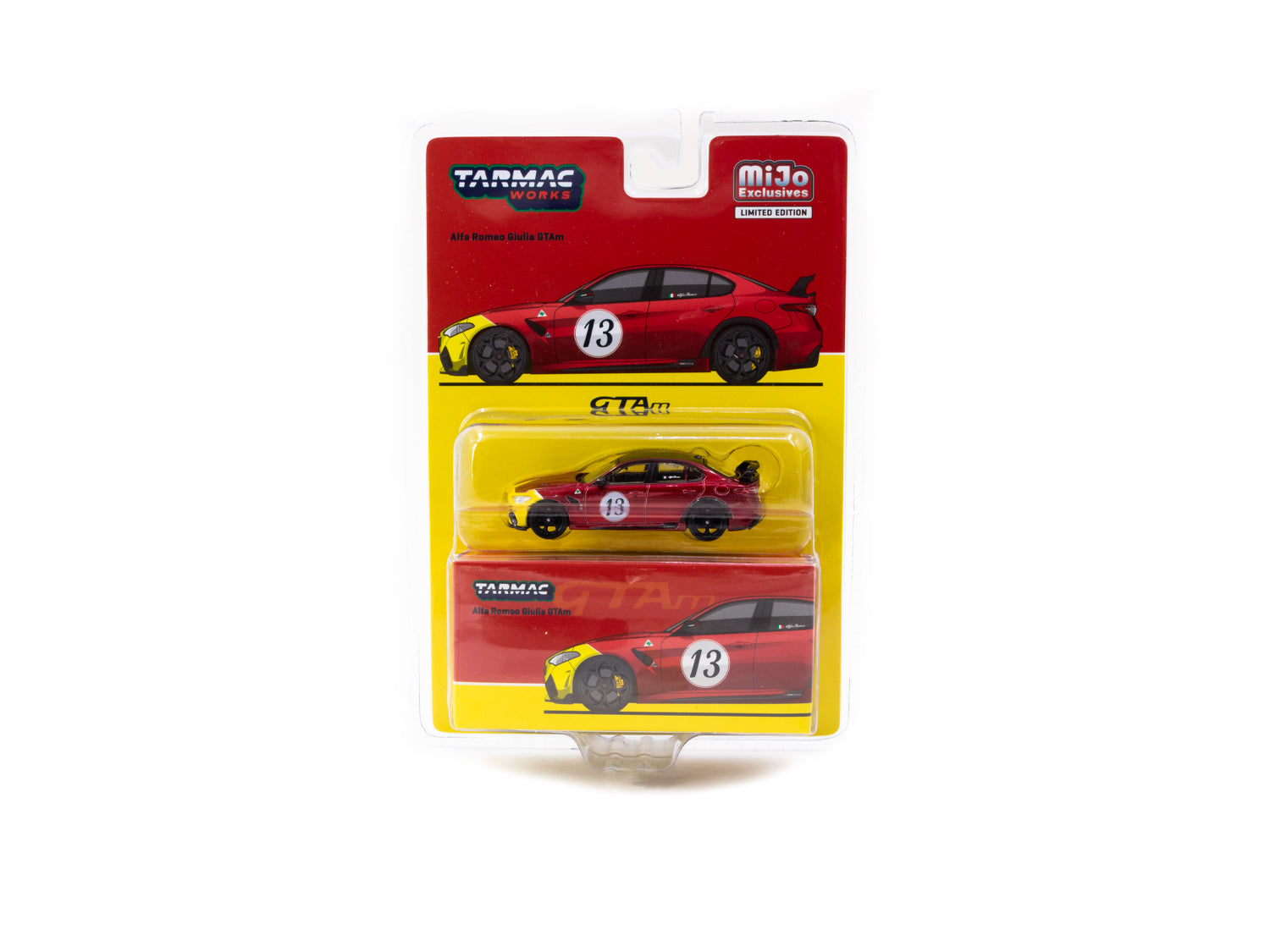 Tarmac Works 1/64 Scale Alfa Romeo Giulia GTAm Diecast Model Car - Red & Yellow Limited Edition (Mijo Exclusive GLOBAL64) - Perfect for Collectors & Racing Enthusiasts Display
