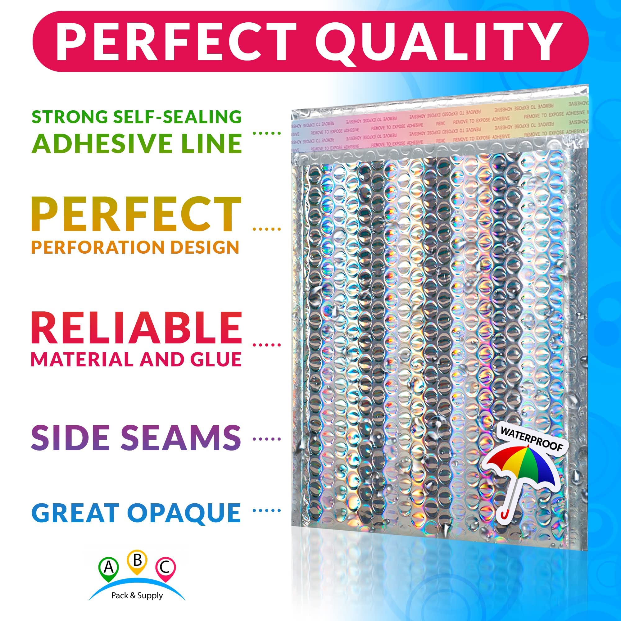ABC Holographic Metallic Bubble Mailers - 8.5x11 Inch Waterproof Poly Envelopes (100 Pack) | Self-Sealing Shipping Bags for Ecommerce, Jewelry & Small Items | Durable Metallic Packaging for Online Stores & Gift Wrapping
