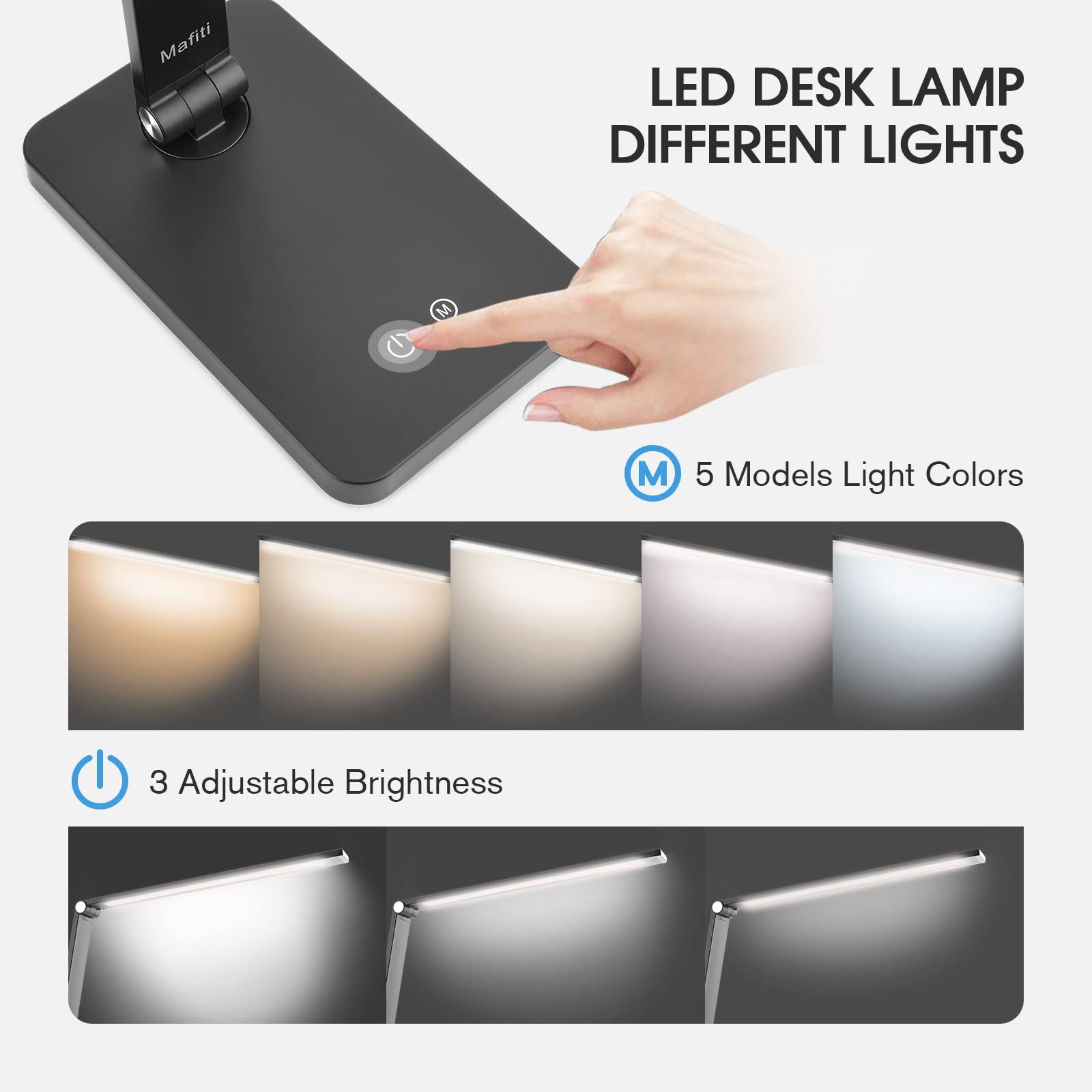 Mafiti LED Desk Lamp with 5 Light Modes & 3 Brightness Levels - Adjustable Arm Foldable Table Lamp for Home Office, Reading & Study - Eye-Caring USB Touch Light for Bedside, Workspace & Nightstand - Black