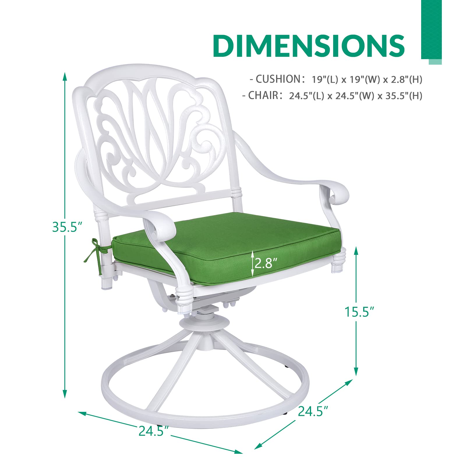 VIVIJASON 2-Piece Outdoor Bistro Swivel Dining Chairs Set - Patio Cast Aluminum Rocking Chairs with Cushions - Weather-Resistant Garden, Balcony, Backyard, Lawn Furniture - Perfect for Outdoor Dining, Relaxing & Entertaining - White
