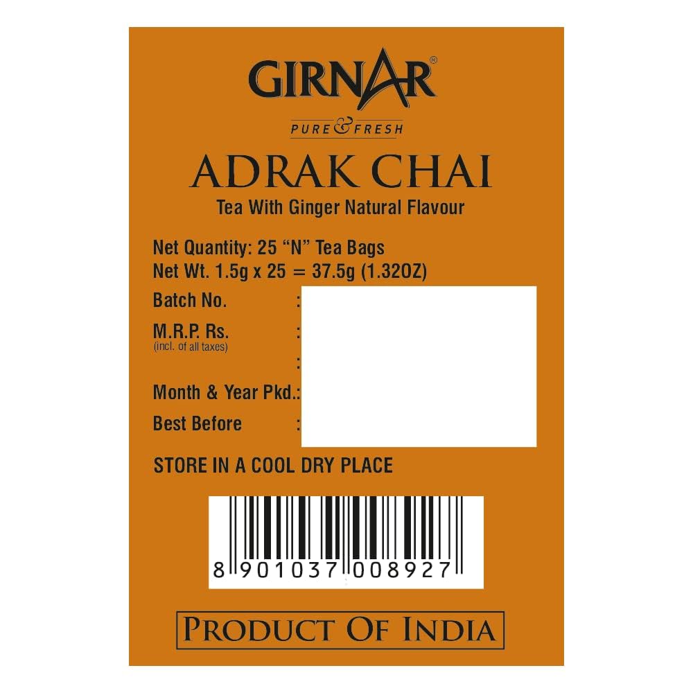 Girnar Adrak Ginger Tea Bags - 25 Count | Natural Herbal Tea for Digestion & Immunity | Perfect for Morning Boost & Cold Relief