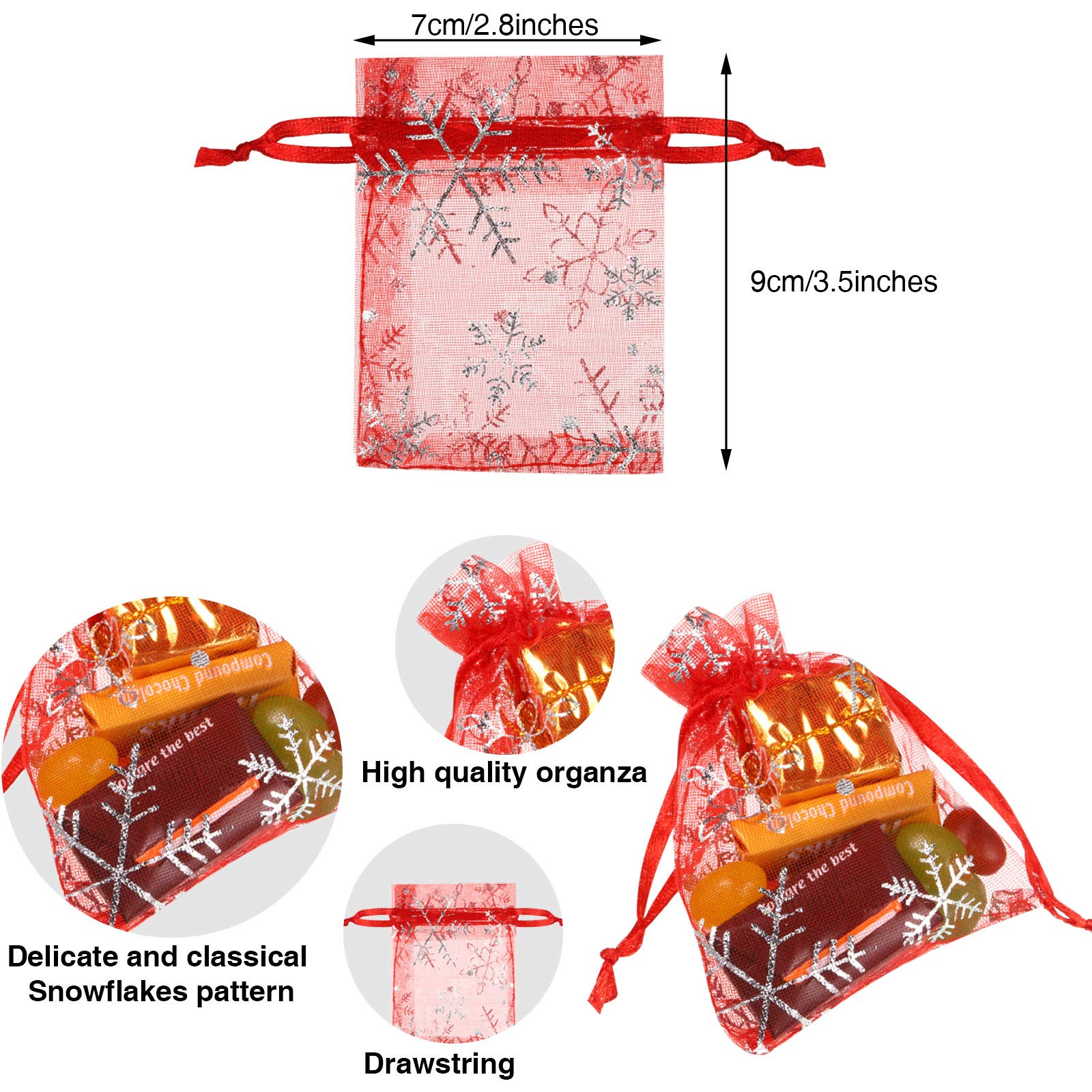 Bememo 100-Piece Christmas Organza Gift Bags with Snowflake Design - Small Drawstring Pouches for Jewelry, Candy, Wedding Favors & Party Favors | Perfect for Winter Weddings, Christmas Celebrations & Holiday Gift Wrapping