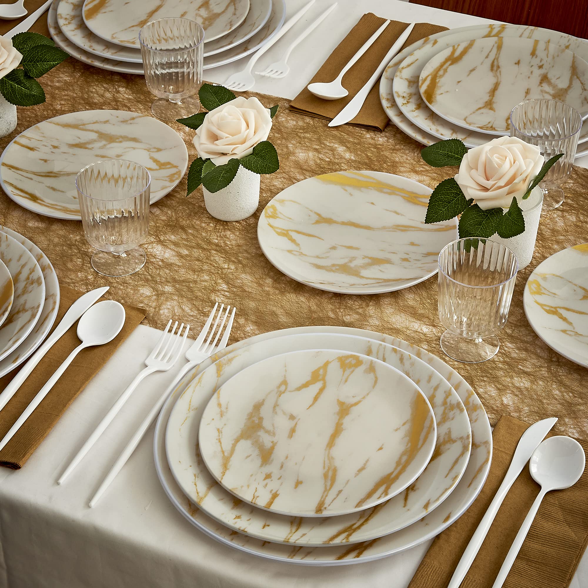 Elegant Gold Marble Design Disposable Salad Plates - Silver Spoons Carrara Marble Collection (9 Inch, 10 Pack) Perfect for Parties, Weddings & Elegant Dining Events