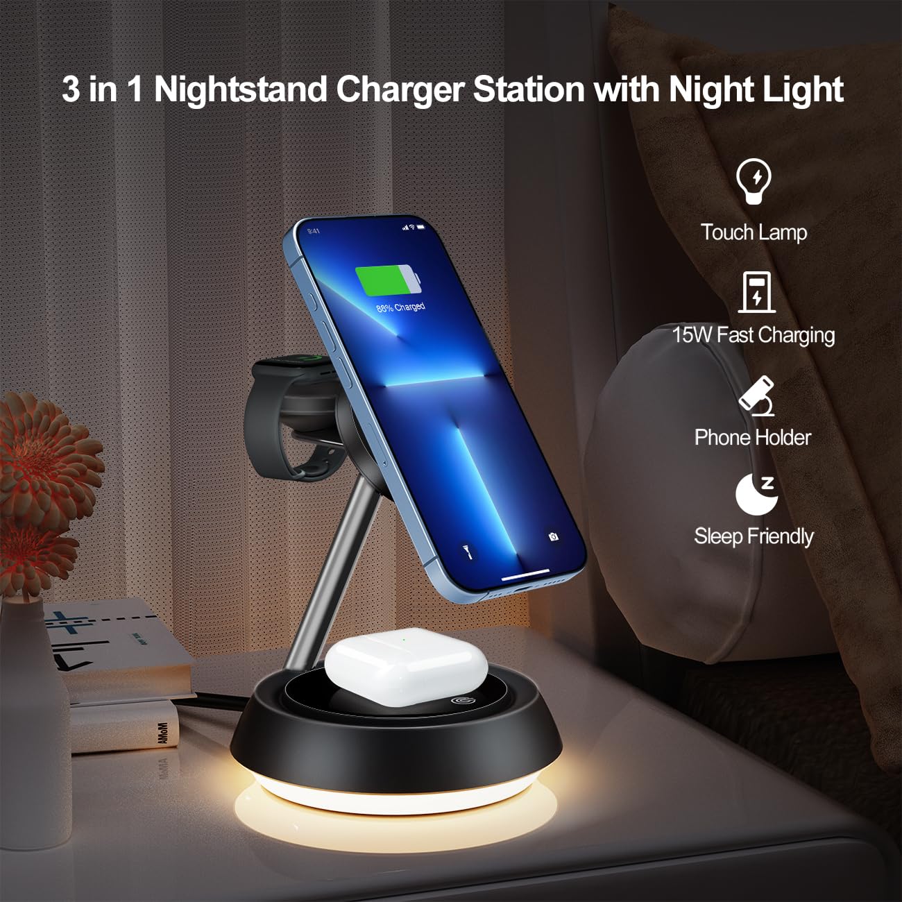 3-in-1 MagSafe Wireless Charging Station for iPhone 15/14/13/12 Pro Max - 15W Fast Charger with Stand & Night Light - Compatible with Apple Watch & AirPods - Perfect for Bedside, Office & Travel Charging