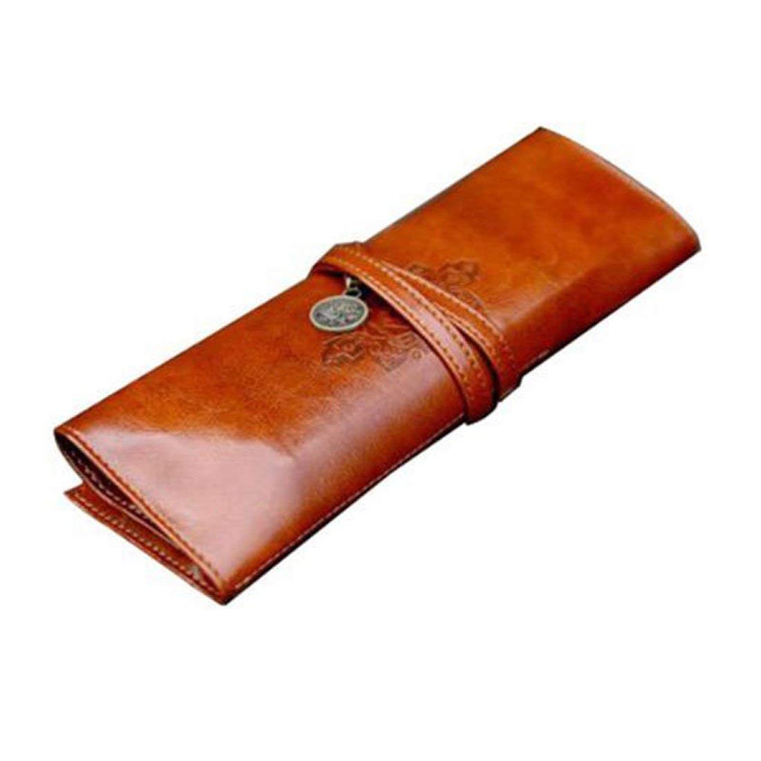 Vintage PU Leather Roll-Up Pencil Case & Makeup Brush Holder - Creative Exquisite Design for School, Office & Travel Organization