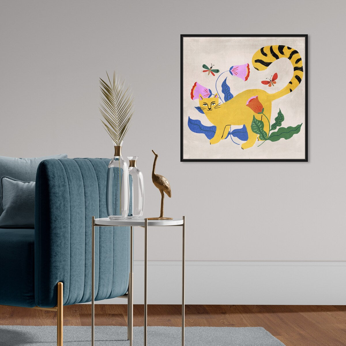 Blonde Tabby Floral Kitten Butterfly Garden Modern Yellow Framed Canvas Wall Art Print - Perfect for Bedroom, Nursery, Living Room & Home Decor