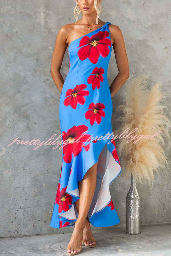 Elegant Muse Floral Print One Shoulder Ruffled Maxi Dress with High Slit | Summer Beach Wedding, Party & Evening Gown | Women's Fashion