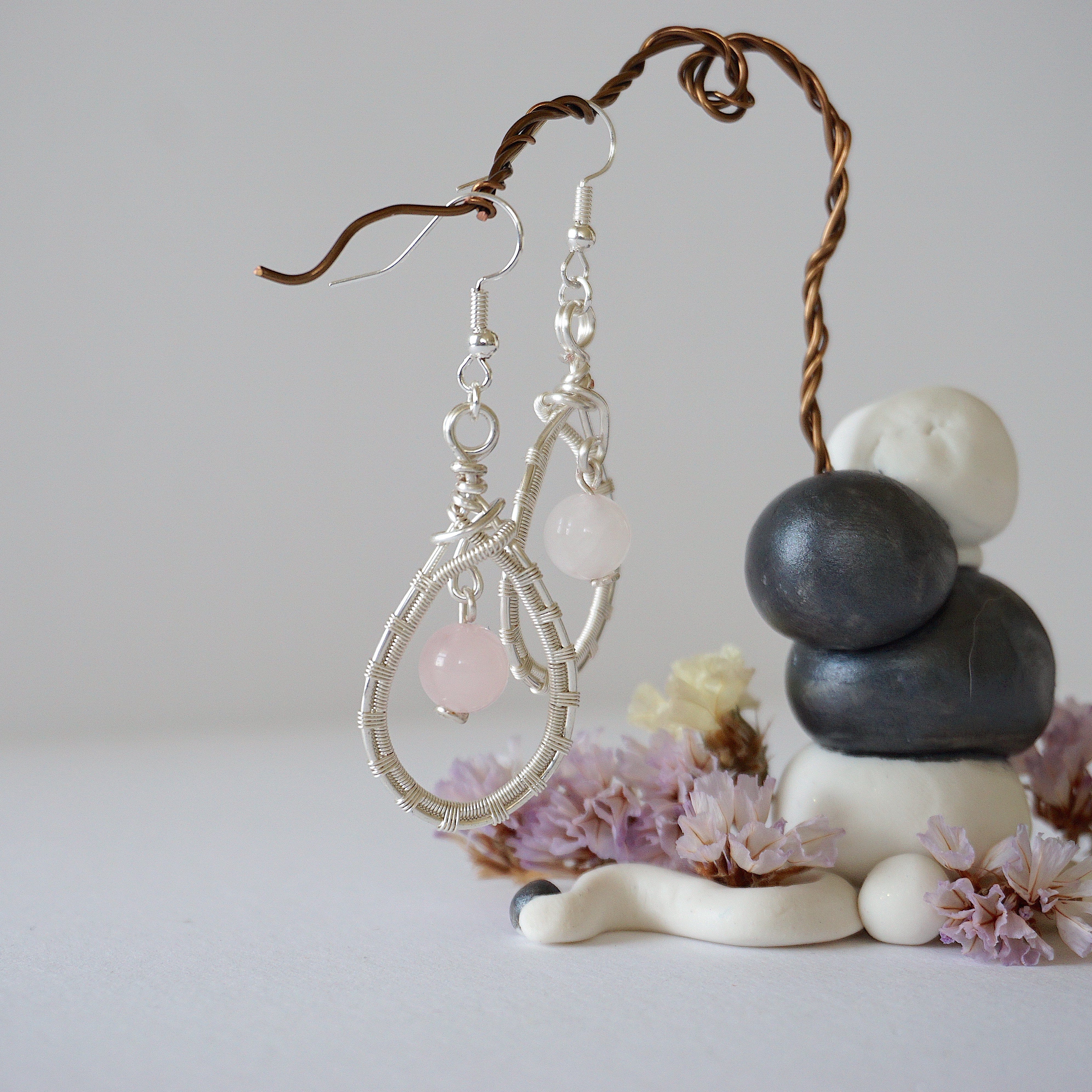 Rose Quartz Round Wire Earrings - Silver Plated Dangle Earrings for Women, Healing Crystal Jewelry Gift for Her | Boho Chic, Meditation, Yoga, Everyday Wear