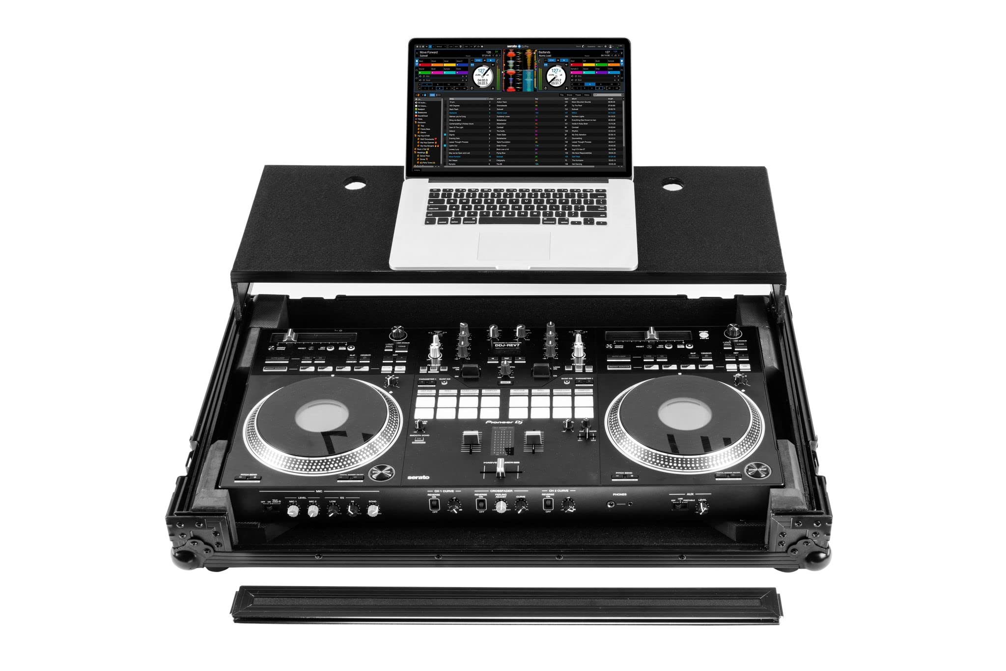 Pioneer DDJ-REV7 Professional DJ Controller - Black Glide Style Flight Case with Wheels & Laptop Platform | Perfect for Club Gigs, Mobile DJs & Live Performances