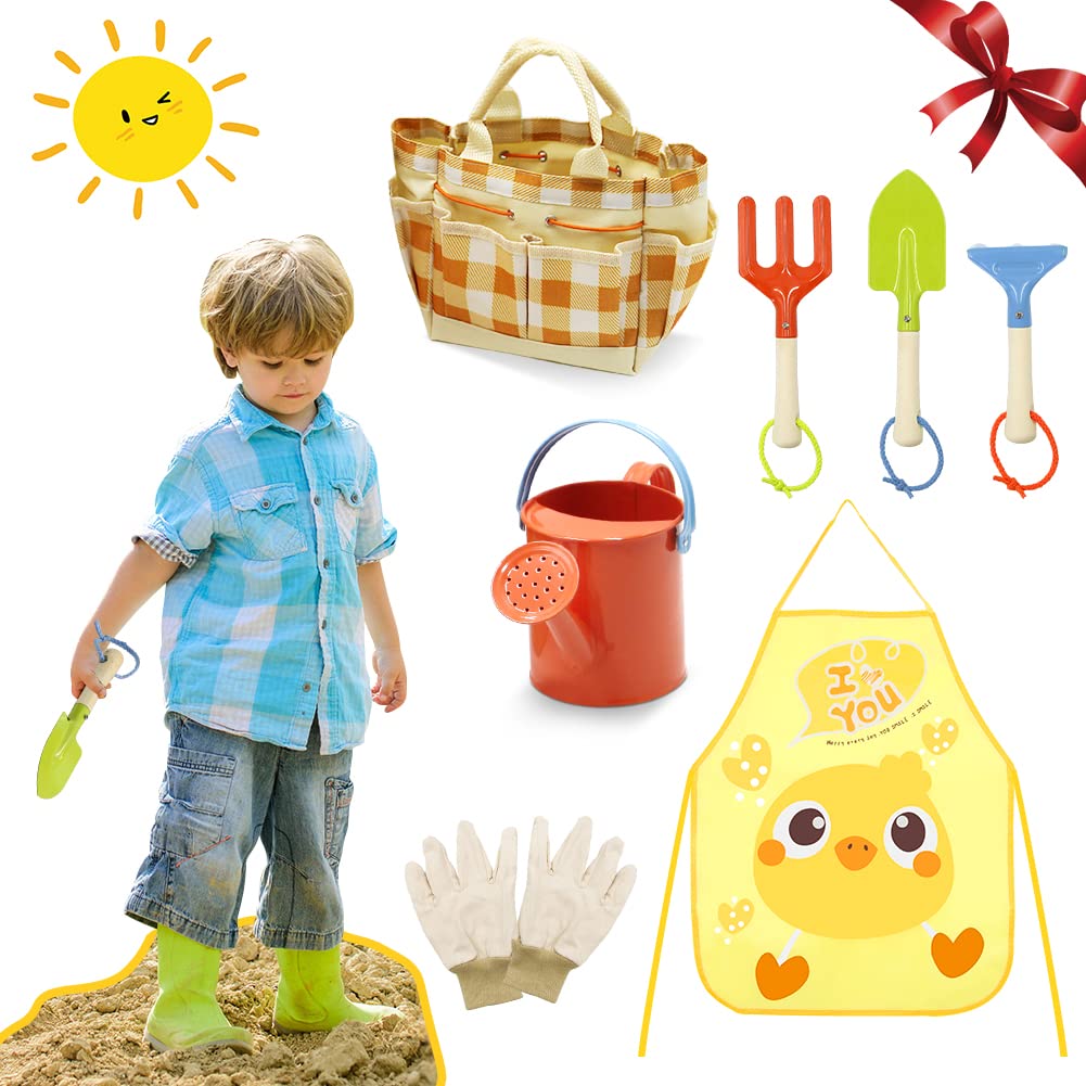7 PCS Kids Gardening Tools Set with Tote Bag, Rake, Fork, Shovels, Apron, Gloves & Watering Can - Gardening Kit for Toddlers Ages 3-8 - Perfect Gift for Outdoor Play, Preschool Learning & Family Gardening Activities