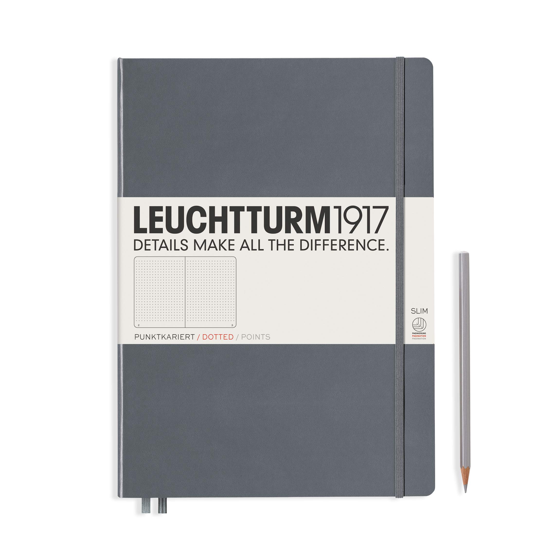 LEUCHTTURM1917 Master Slim A4+ Dotted Hardcover Notebook - 123 Numbered Pages, Anthracite | Premium Journal for Writing, Sketching & Bullet Journaling - Perfect for Office, School & Creative Projects