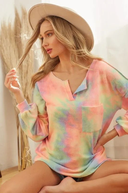 BiBi Brushed Tie Dye French Terry Top with Bubble Sleeves | Women's Casual Loose Fit T-Shirt | Perfect for Yoga, Lounge & Streetwear Fashion