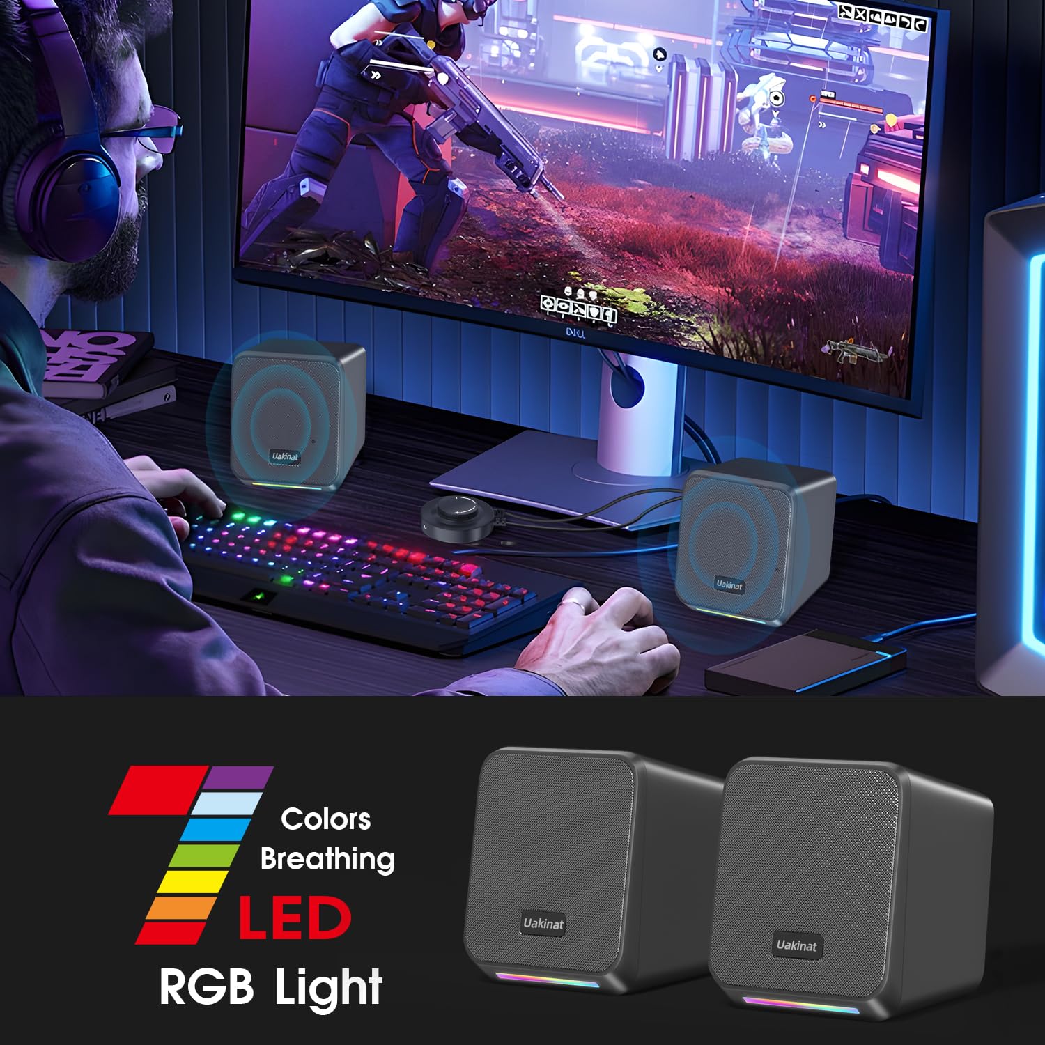 7-Color RGB Gaming Computer Speakers with Enhanced Bass, Volume Control & Headphone Jack - USB Powered PC Speakers for Laptop, Monitor, Tablet & Phone - Perfect for Gaming, Movies & Music