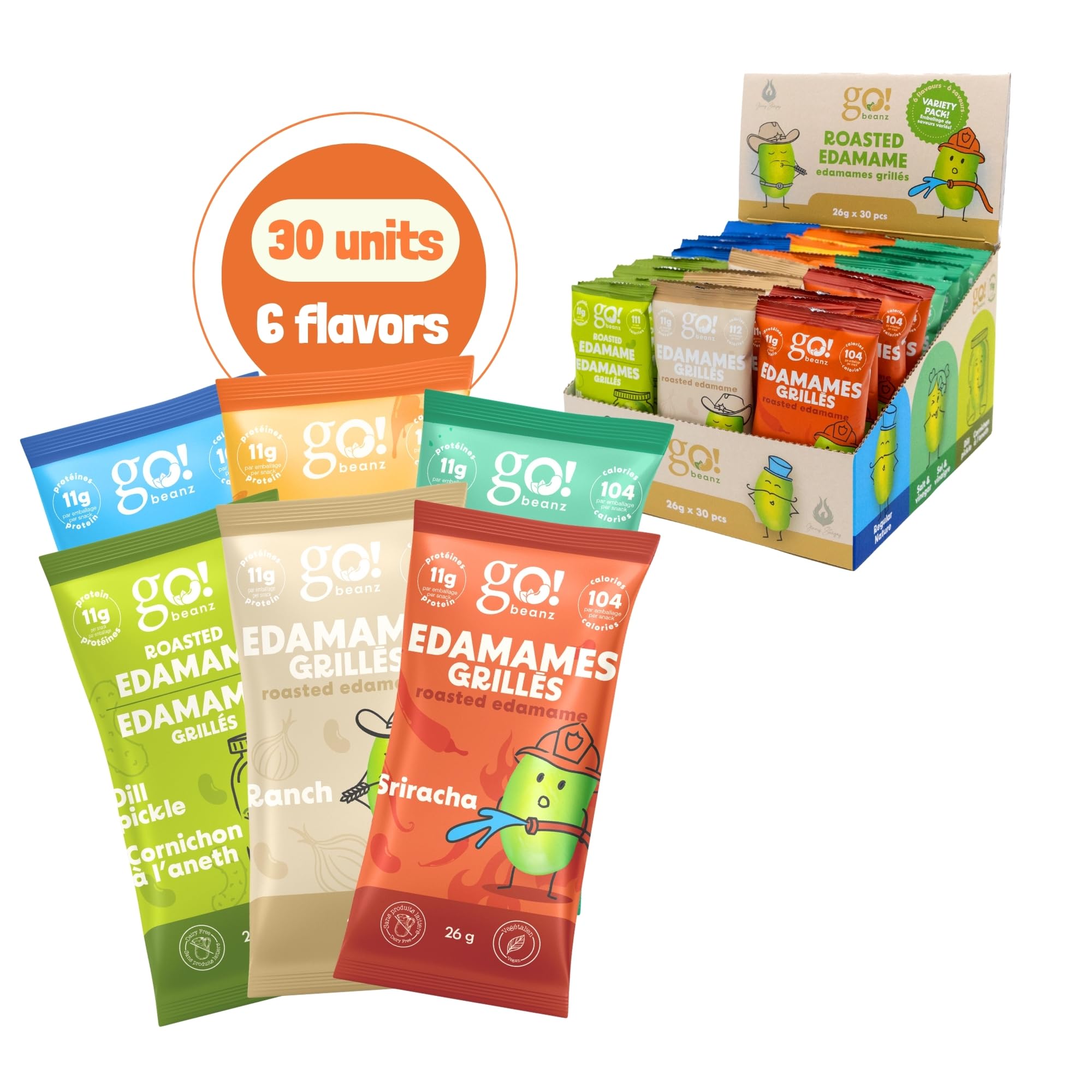 Crunchy Edamame Snacks - Jimmy Sevigny GoBeanz Variety Pack (30 Bags x 26g) | High Protein (11g per Serving), Low Calorie, Low Sugar Healthy Snacks for Adults & Kids | Perfect for On-the-Go, School Lunches, Office Snacks & Post-Workout Fuel
