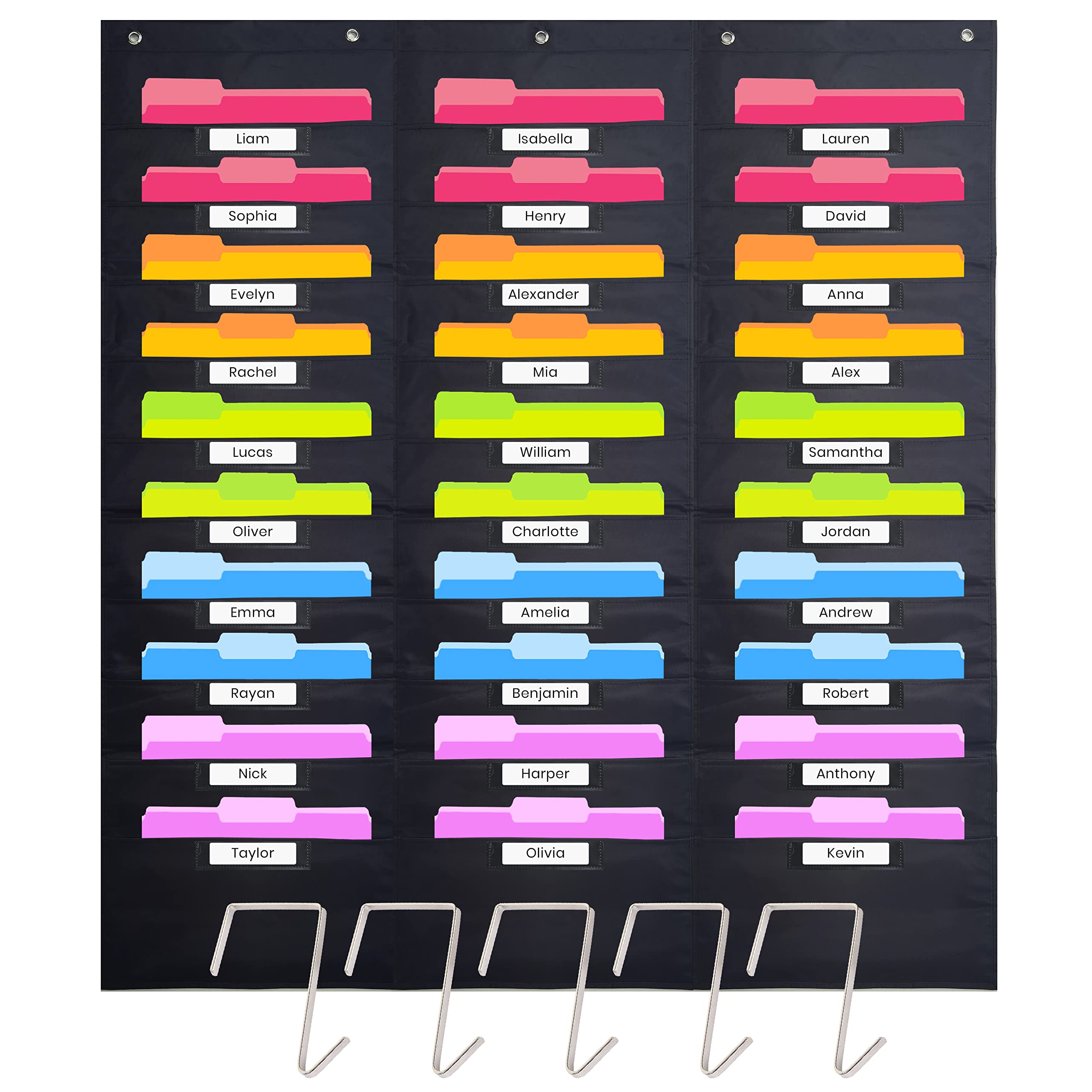 Hippo Creation Heavy Duty 30-Pocket Storage Organizer with 5 Over-Door Hangers - Hanging Wall File Folder Chart for Classroom, School Mailbox, Home Office Papers & Documents - Black - Perfect for Teachers, Students & Home Organization