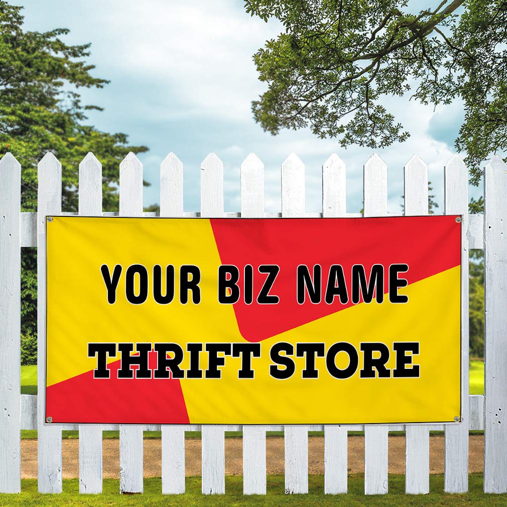 Custom Industrial Vinyl Banner for Business & Thrift Stores - 12x30 Inches (Red & Yellow) | Durable Outdoor Advertising Sign for Storefronts, Sales & Events
