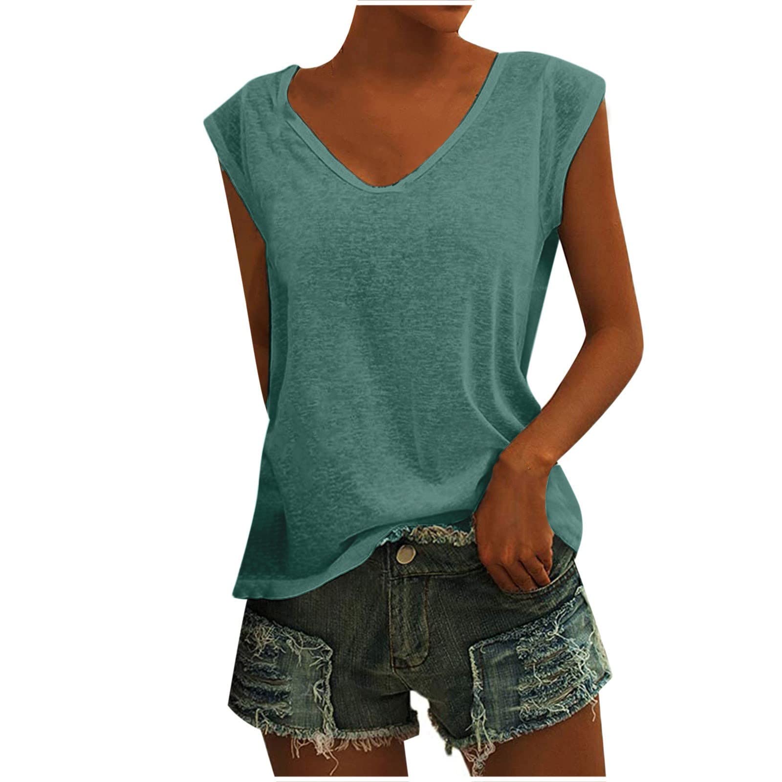 TUNUSKAT Women's Cap Sleeve V-Neck Tank Top - Soft Loose Casual Sleeveless Shirt for Summer | Perfect for Beach, Workout, and Everyday Wear