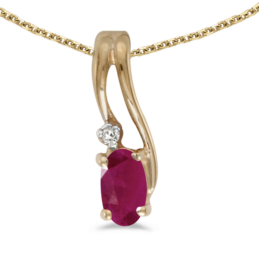 14K Yellow Gold Oval Ruby and Diamond Wave Pendant Necklace - 18