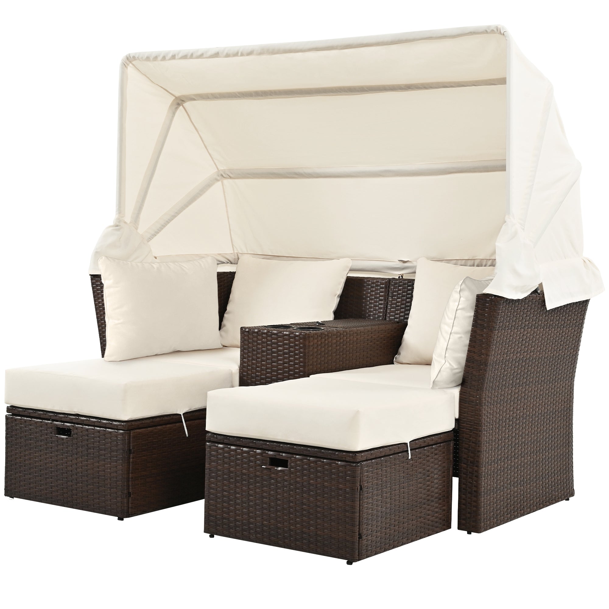 2 Seater Outdoor Patio Daybed with Foldable Awning & Cushions - Double Loveseat Sofa Set for Garden, Balcony, Poolside - Perfect for Relaxing, Sunbathing & Outdoor Lounging (Beige)