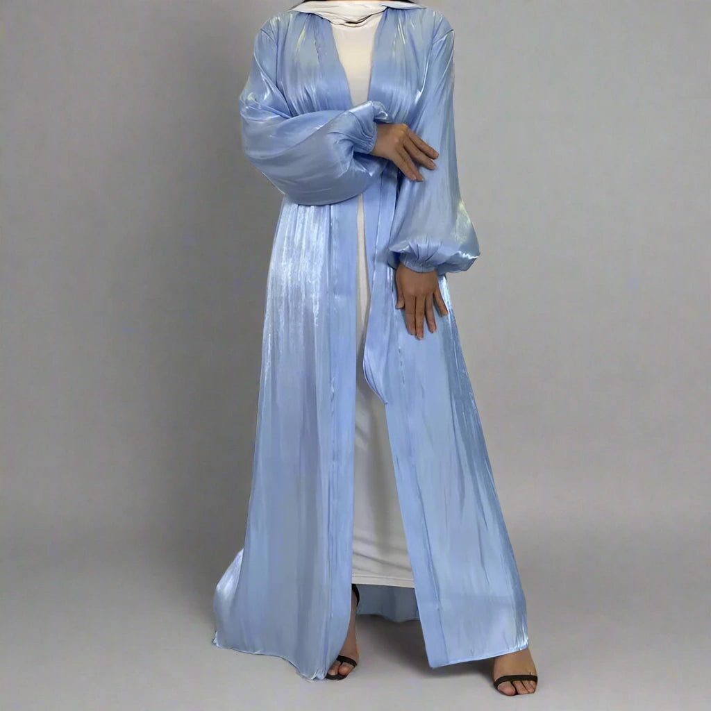Elegant Satin Open Abaya Dress for Muslim Women - Soft Silk-Like Fabric, Modest Prayer Dress for Eid, Ramadan & Special Occasions