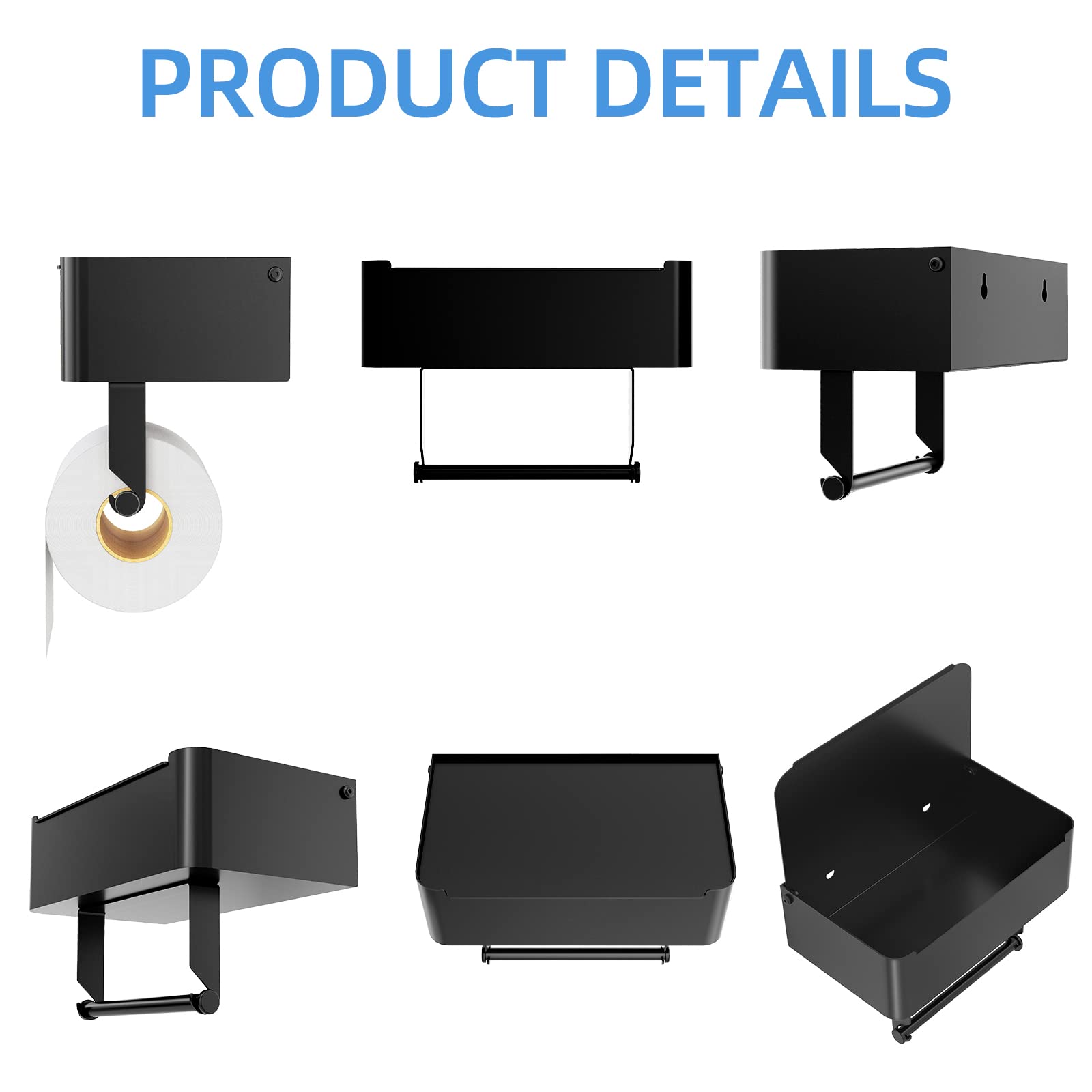 JUYSON Stainless Steel Toilet Paper Holder with Shelf & Flushable Wipes Dispenser - Wall Mount Bathroom Organizer for Wipes Storage | SUS304 Matte Black | Perfect for Modern Bathrooms & Hidden Wipe Organization