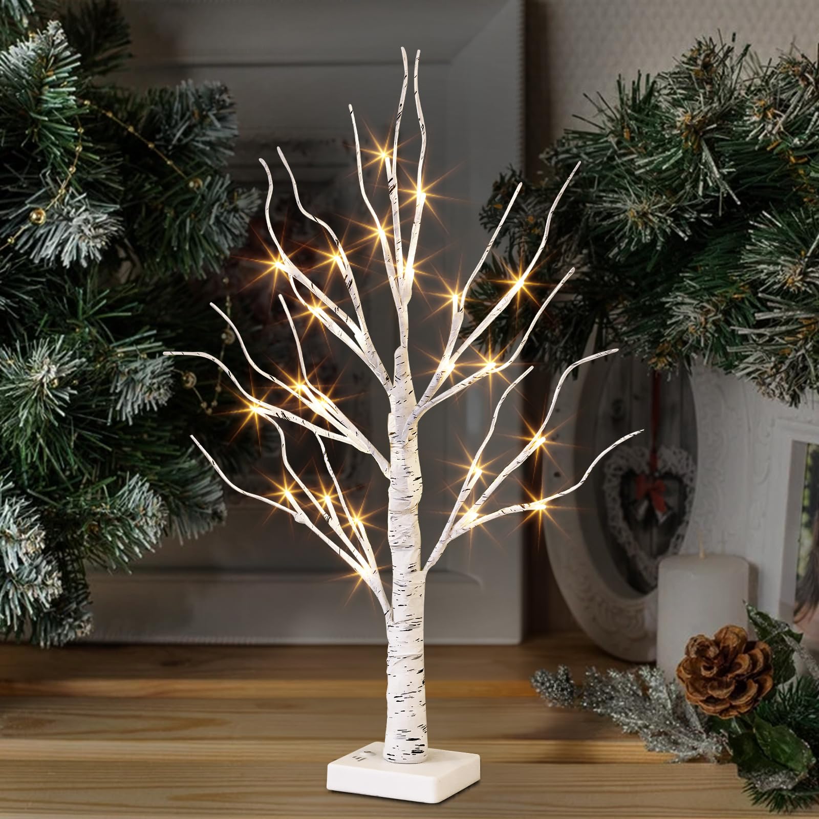 2FT LED Birch Tree with 24 Warm White Lights - Battery Powered Tabletop Centerpiece for Home, Office, Bedroom Decor - Perfect for Wedding, Easter & Holiday Decorations - Creates Cozy Ambiance for Romantic Dinners & Relaxing Evenings