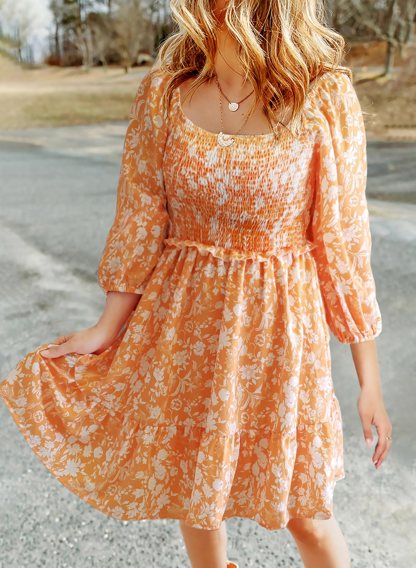 2025 Women's Summer Floral Print 3/4 Puff Sleeve Square Neck A-Line Mini Dress - Casual Swing Dress for Beach Vacation, Party & Date Night