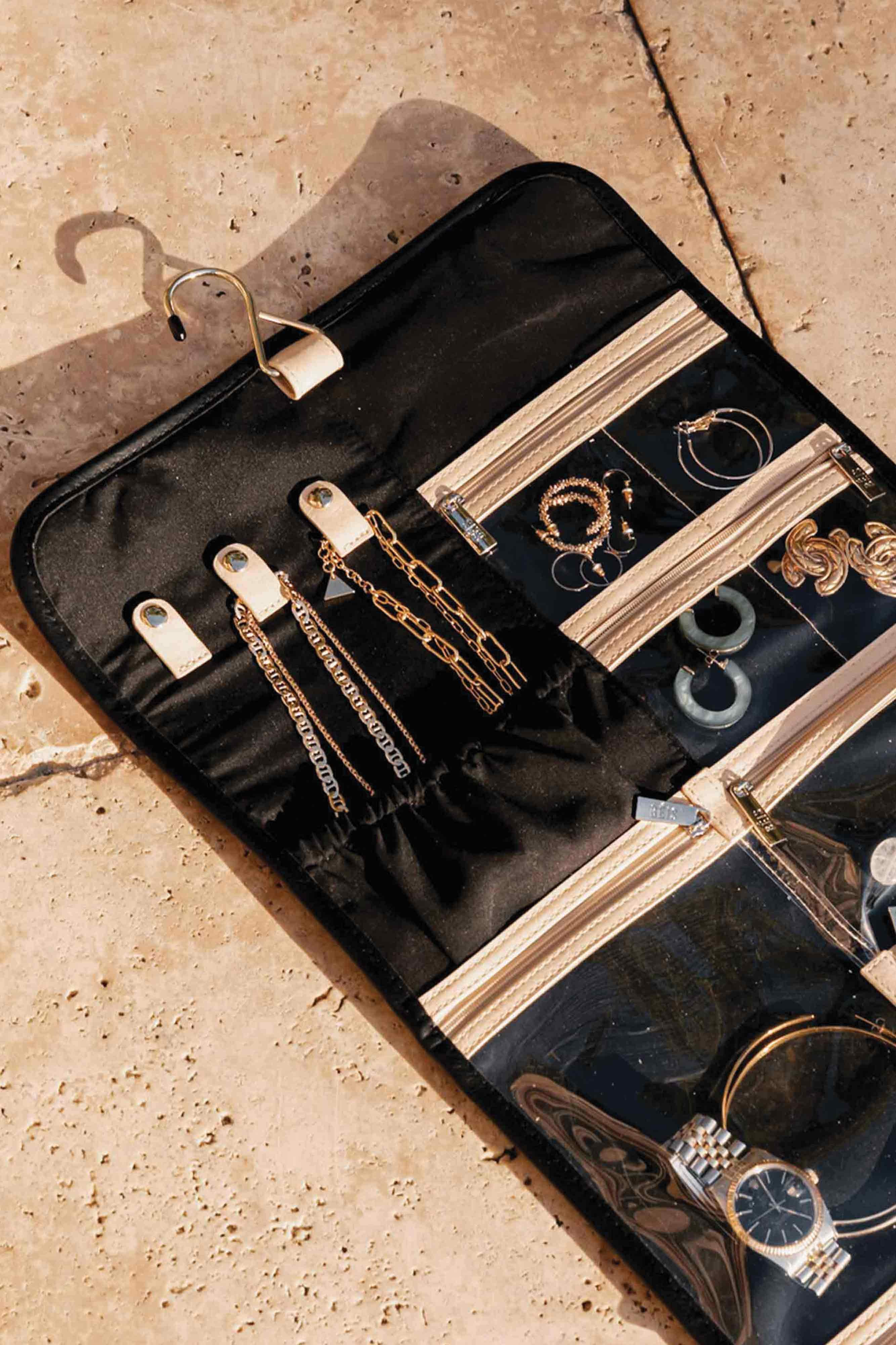 Black Hanging Jewelry Organizer - Portable Travel Jewelry Storage Case for Necklaces, Earrings & Bracelets - Perfect for Closet, Dorm Room & Suitcase