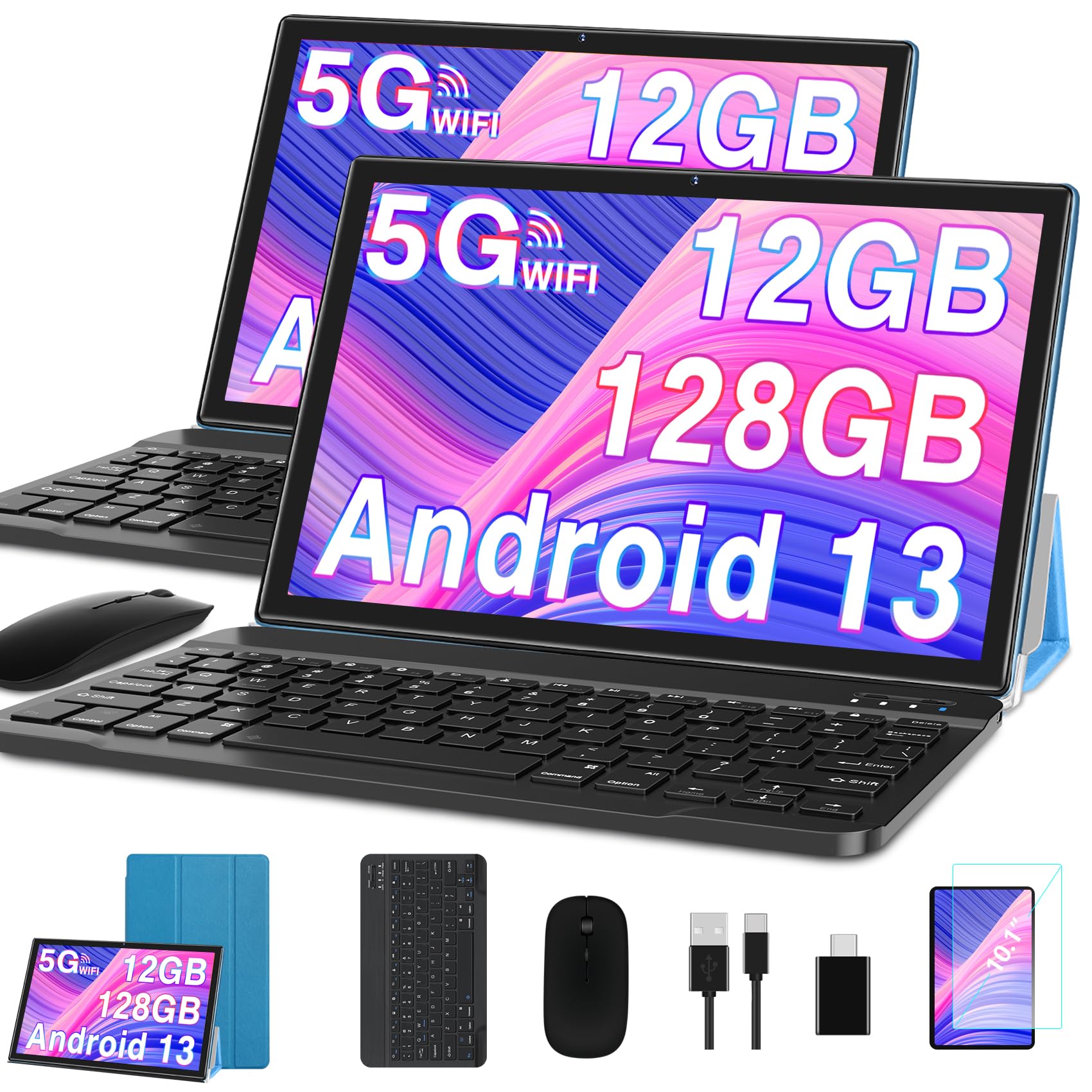 2024 10 Inch Android 13 Octa Core Tablet with 12GB RAM 128GB ROM (Expandable 1TB) - 5G WiFi 2.4G Dual Band, FHD Display, GPS, Bluetooth 5.0, 8MP+5MP Cameras, Type-C Port - Includes Protective Case, Wireless Keyboard & Mouse (Blue) - Perfect for Work, Study & Entertainment