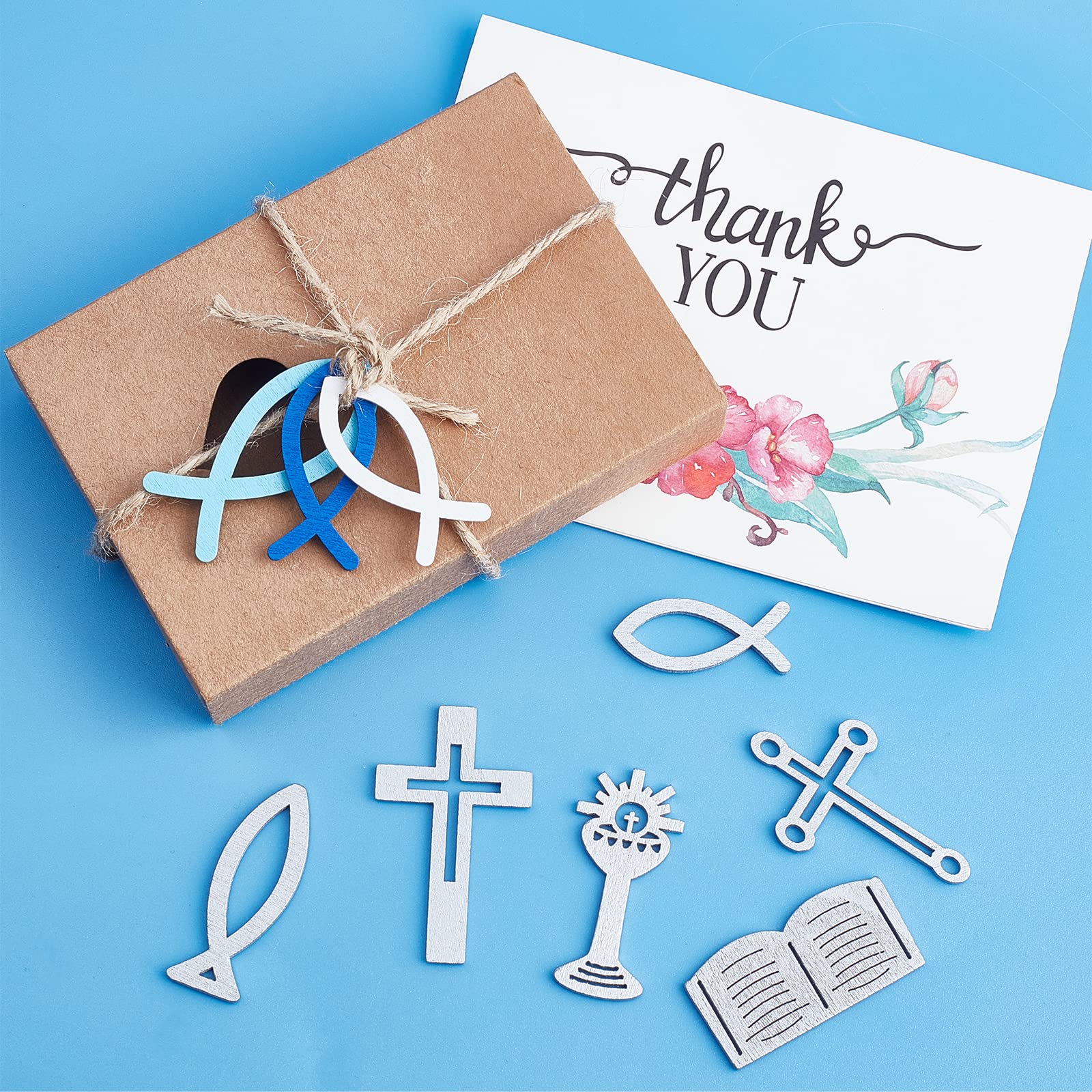 SUPERFINDINGS 180Pcs Blue & White Wooden Fish Decorations - 9 Styles Poplar Wood Jesus Fish Cross Scatter Decor for Baptism, Church Events, Wedding Centerpieces & Table Party Decorations