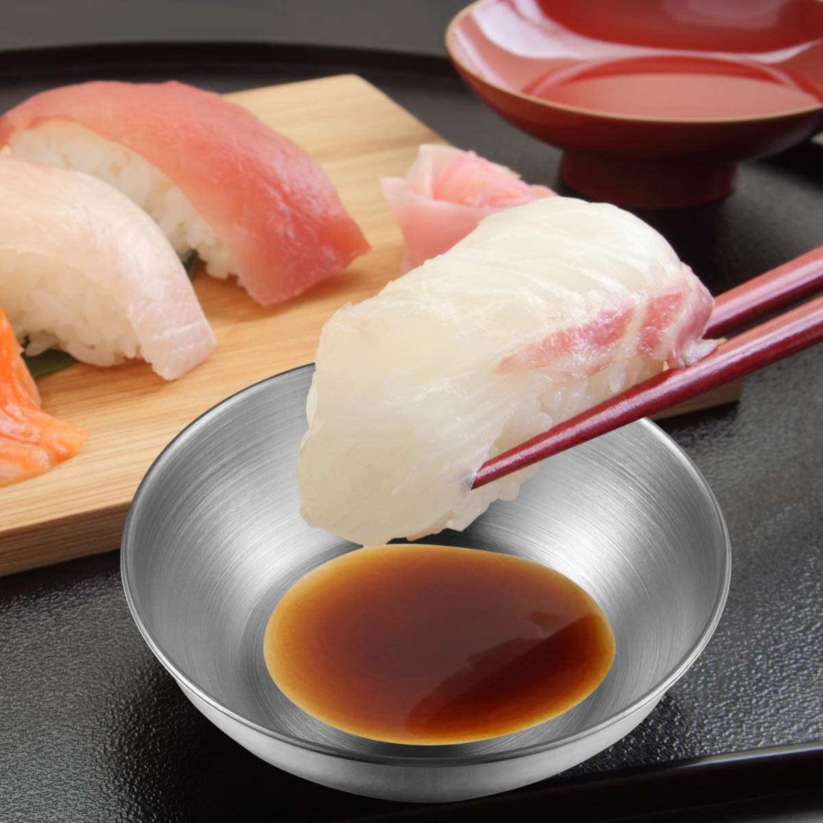DOITOOL 8PCS Stainless Steel Sushi Dipping Bowls - 3.1 Inch Mini Appetizer Plates for Soy Sauce, Wasabi & Seasonings - Perfect for Sushi Restaurants, Home Dining & Japanese Cuisine