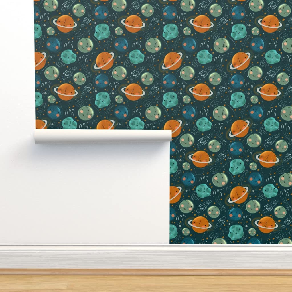 Removable Wallpaper 12ft x 2ft - Solar System Planets Pattern, Modern Blue Nursery Wallpaper for Boys, Pre-Pasted Peel & Stick Wall Covering by Spoonflower | Perfect for Kids' Rooms, Playrooms & Space-Themed Decor
