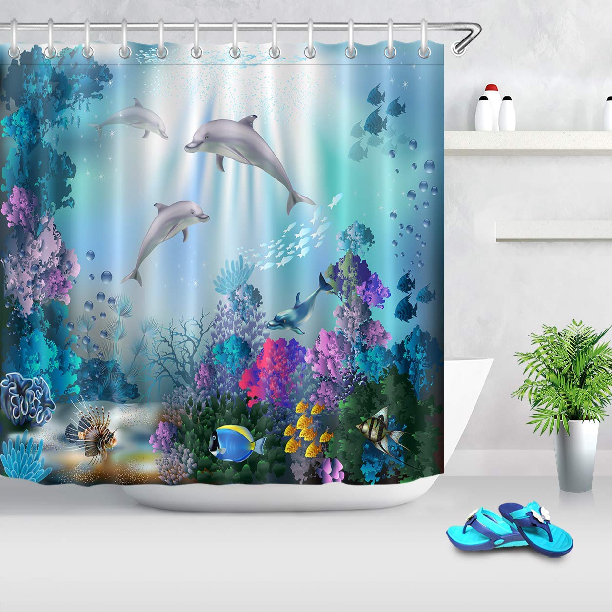 Dolphin Shower Curtain for Kids - Blue Ocean Underwater Theme with Fish & Coral Reef Design | 72x78 Inch Extra Long Waterproof Polyester Fabric | Perfect for Bathroom Decor, Beach House, or Nautical Nursery