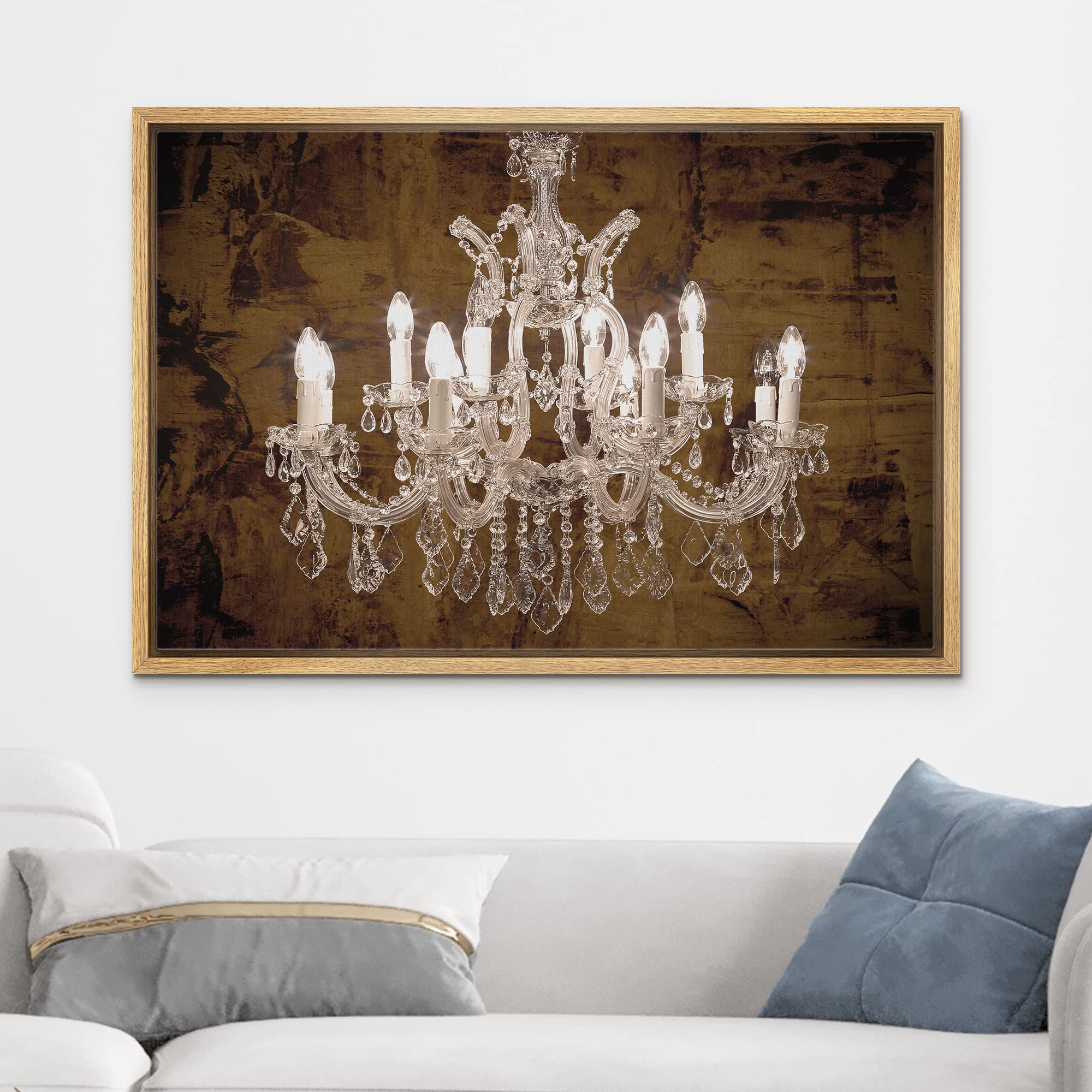 Brown Grunge White Crystal Chandelier Framed Canvas Wall Art - 24x36 Inch Modern Digital Print for Living Room, Bedroom & Office Decor | Elegant Home Decoration for Relaxing & Calming Atmosphere