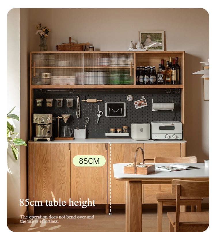Premium Oak Solid Wood Perforated Rock Board Dining Sideboard - Rustic Kitchen Buffet Cabinet for Dining Room Storage & Display